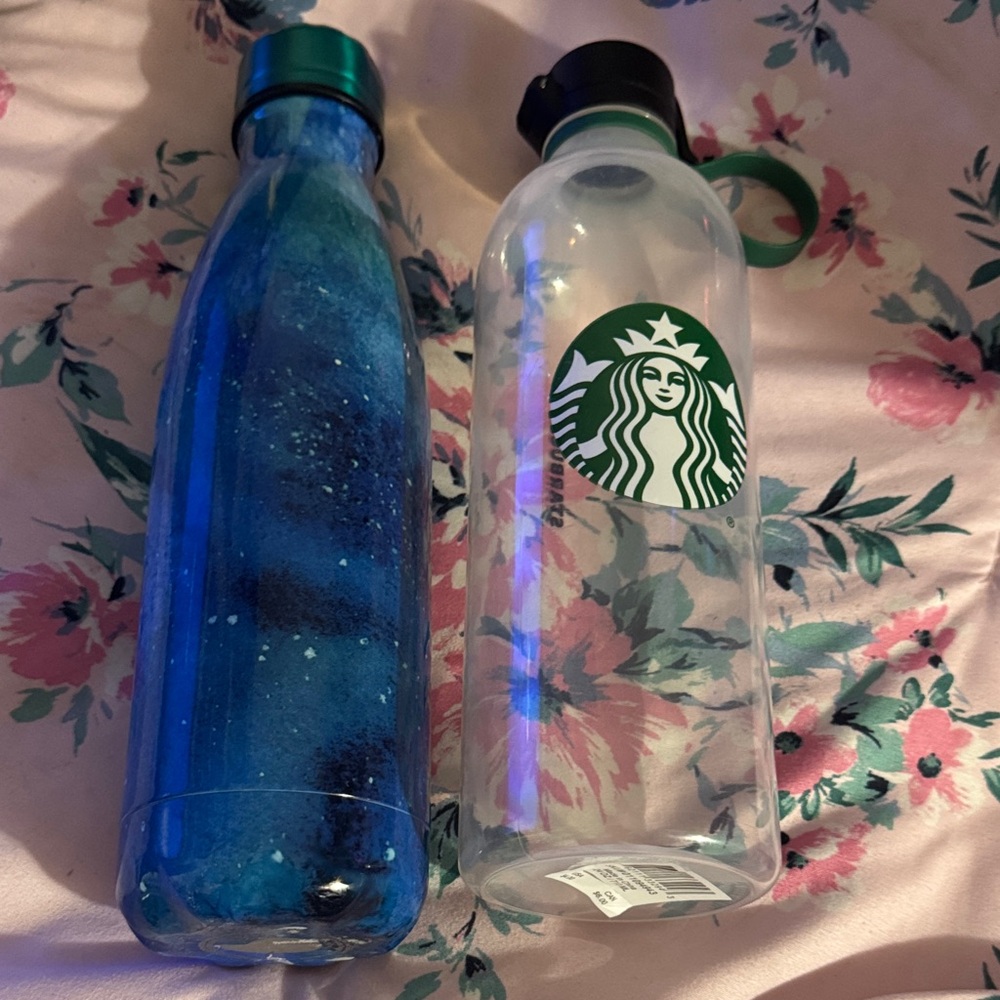 Starbucks Clear Bottle with Green Logo and Blue Glitter Bottle